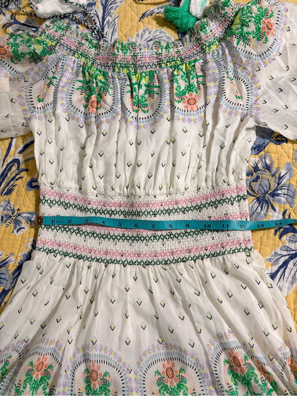 ALICE + OLIVIA Off-Shoulder Smocked Dress with Green Floral Print (Small petite) - Picture 5 of 16